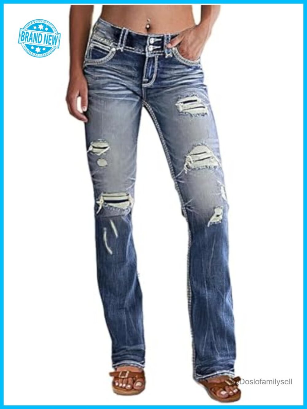 Flamingals Distressed Bootcut Low Rise Jeans Ripped Flare Women's